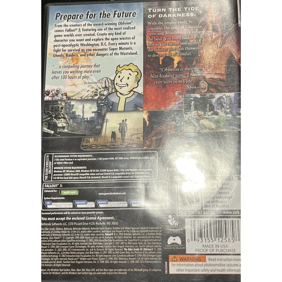 Fallout 3 & Oblivion Double Pack PC Complete in Box (2 Disc Set, 2012) Pre-Owned - Picture 2 of 5